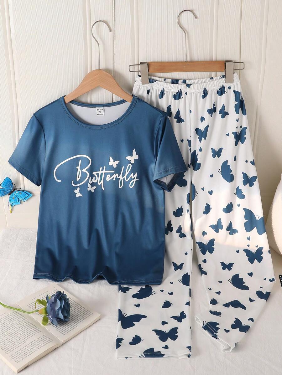 2 件女孩休闲蝴蝶图案朦胧蓝色宽松短袖上衣和长裤睡衣套装 - 霧霾藍 - 查看 1