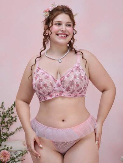 Kawaii Plus Size Lace Floral Underwire Padless Lingerie Bra