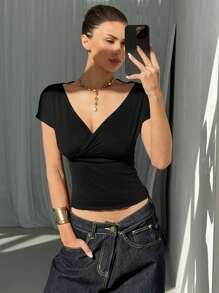 Aloruh Women's Burgundy Lace Sheer Back Sexy T-Shirt - Black - View 6