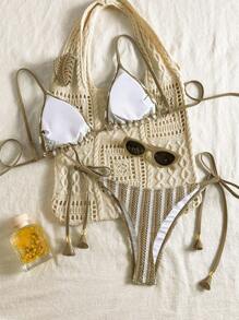 Swim Mod Women 2pcs Hollow Textured Fabric Striped Tie Front Bikini Set For Spring/Summer Beach Vacation, St. Patrick's Day - Khaki - View 2