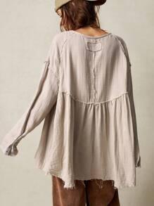 Bohemela Plus Size Woven Loose Fit Long Sleeve Shirt,Vintage - Apricot - View 6