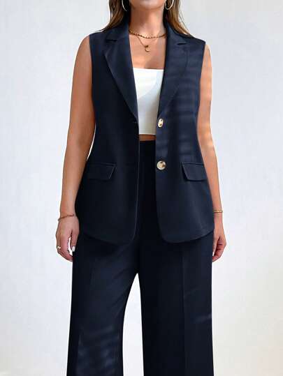 SHEIN Essnce Chaqueta sin mangas de un solo pecho de unicolor para mujer, ropa de negocios casual y de oficina para mujer en otoño e invierno, ropa de trabajo, vacaciones y estilo casual