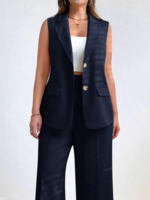 SHEIN Essnce Chaqueta sin mangas de un solo pecho de unicolor para mujer, ropa de negocios casual y de oficina para mujer en otoño e invierno, ropa de trabajo, vacaciones y estilo casual