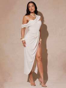 Silquee Elegant Women's Summer Seductive Off-White Linen Midi Dress,Asymmetrical Pleated One Shoulder Party Dress,Linen Pure Beige Vacation Beach Party Wear - Beige - View 7