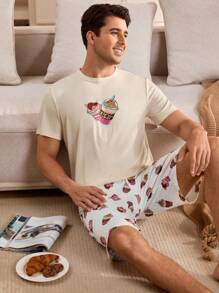 SHEIN 2pcs/Set Men Graphic Print Crew Neck Short Sleeve Top And Shorts Pajama Set - Apricot - View 5