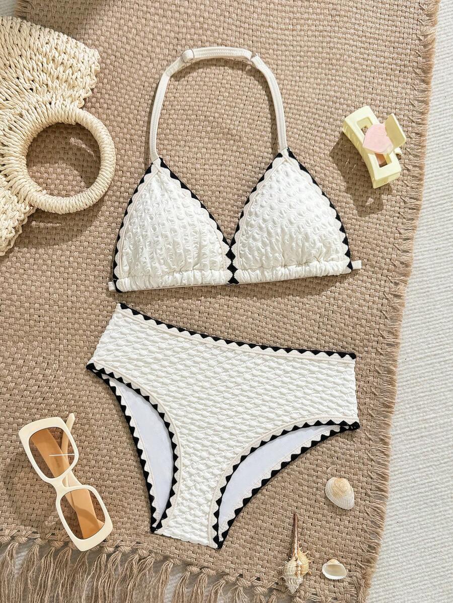 Tween Girl Holiday Style White Halter Neck Bikini Swimsuit Set Summer Holiday