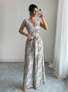 Elenzga 2025 Spring & Summer New Style Casual Black & Apricot Printed Vacation & Commute Cross V-Neck Cinched Waist Sleeveless Jumpsuit