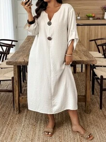 Weeklong Plus Size Casual Simple Fashion Daily Wear Dress BASICS - Apricot - View 1
