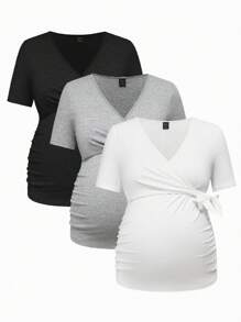 SHEIN قميص تي شيرت قصير الأكمام مناسب للحوامل والرضاعة، ذو رقبة عميقة على شكل حرف V مع ربطة متقاطعة، صيفي وكاجوال - رمادي - مشاهدة 1