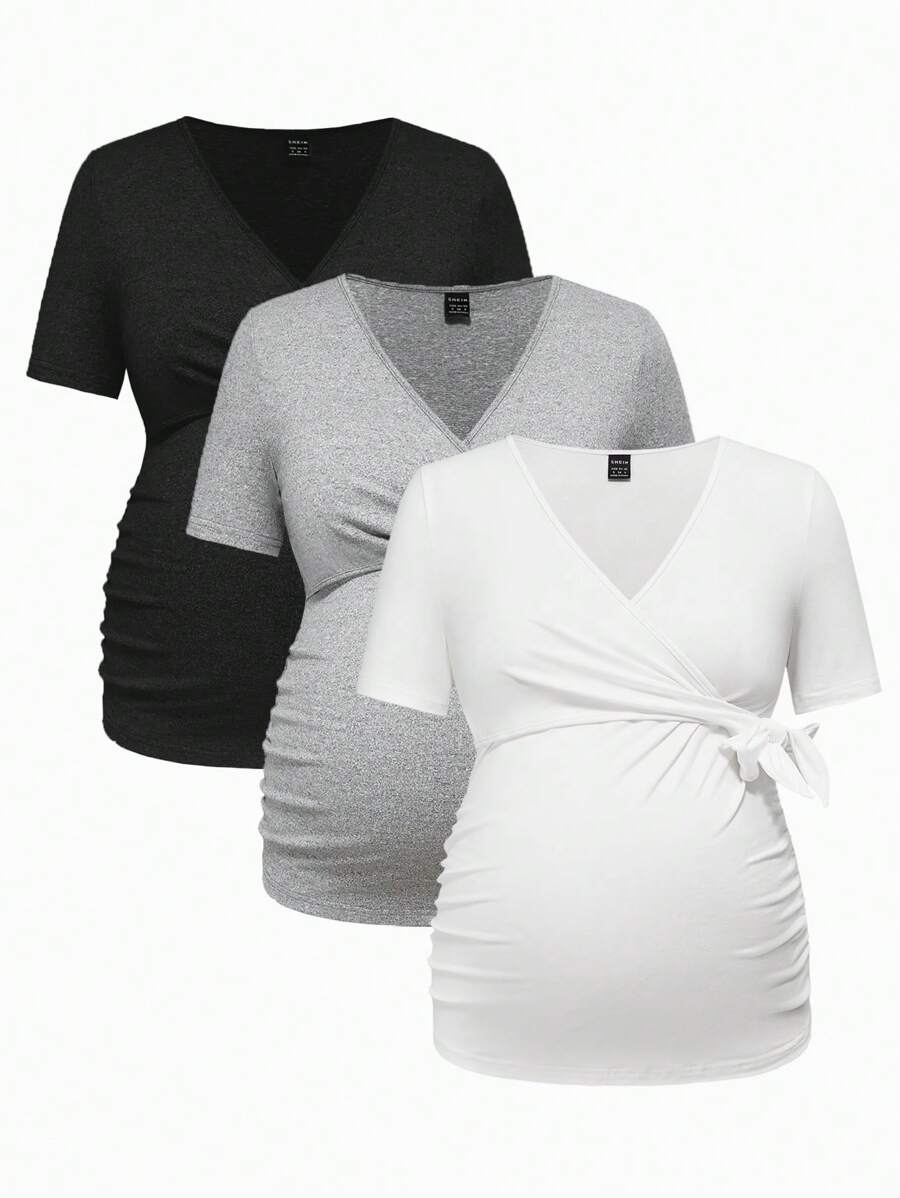 SHEIN قميص تي شيرت قصير الأكمام مناسب للحوامل والرضاعة، ذو رقبة عميقة على شكل حرف V مع ربطة متقاطعة، صيفي وكاجوال - رمادي - مشاهدة 1