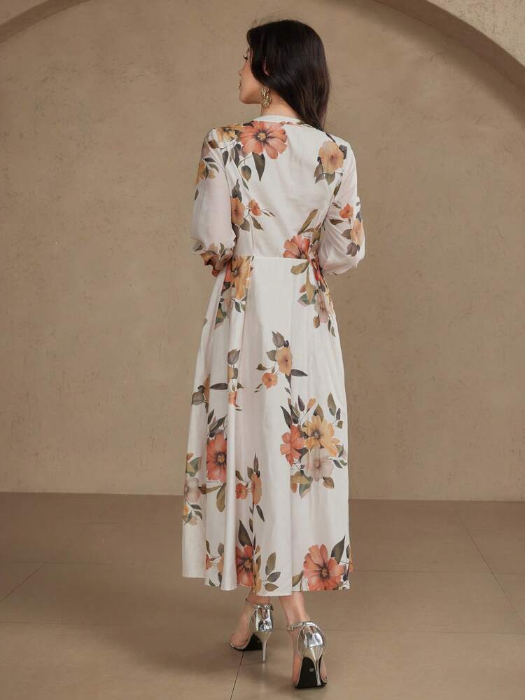 Women Elegant Floral Print Midi Dress, Spring/Fall Long Sleeve Dress