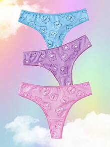 SHEIN X Care Bears 3pcs Women Pink & Purple & Blue Cute Bear Print Soft & Comfortable Sexy Thong