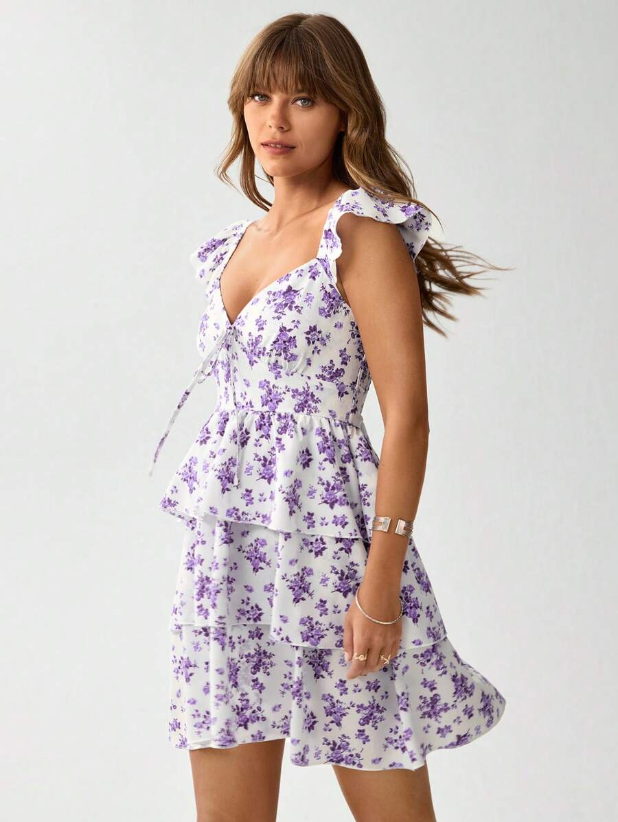 SHEIN LUNE Summer Romantic Boho Ditsy Floral Layered Ruffle Backless Bow Midi Dress, Western/Festival Style