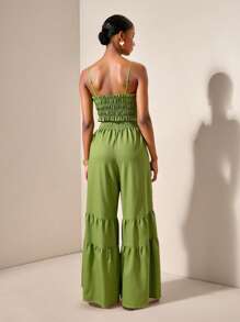 Zivah 20  Summer New Mother's Day Wedding Season Wedding Birthday Party Everyday Outing Basic And Versatile Leisure Vacation Internet Celebrity Hot Style Street Style Elegant Commuter Business Casual Suspenders With Ruffled Edges Cropped Skinny Suspender Top And Gathered Straight Wide-Leg Pants Pockets Multi-Layer Gathering Linen Bamboo Fabric Green Summer Suit Women's Two-Piece Suit - Green - View 6