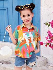 Camicia da donna a maniche corte e ampia con stampa di piante tropicali minimalista, cardigan casual per le vacanze
