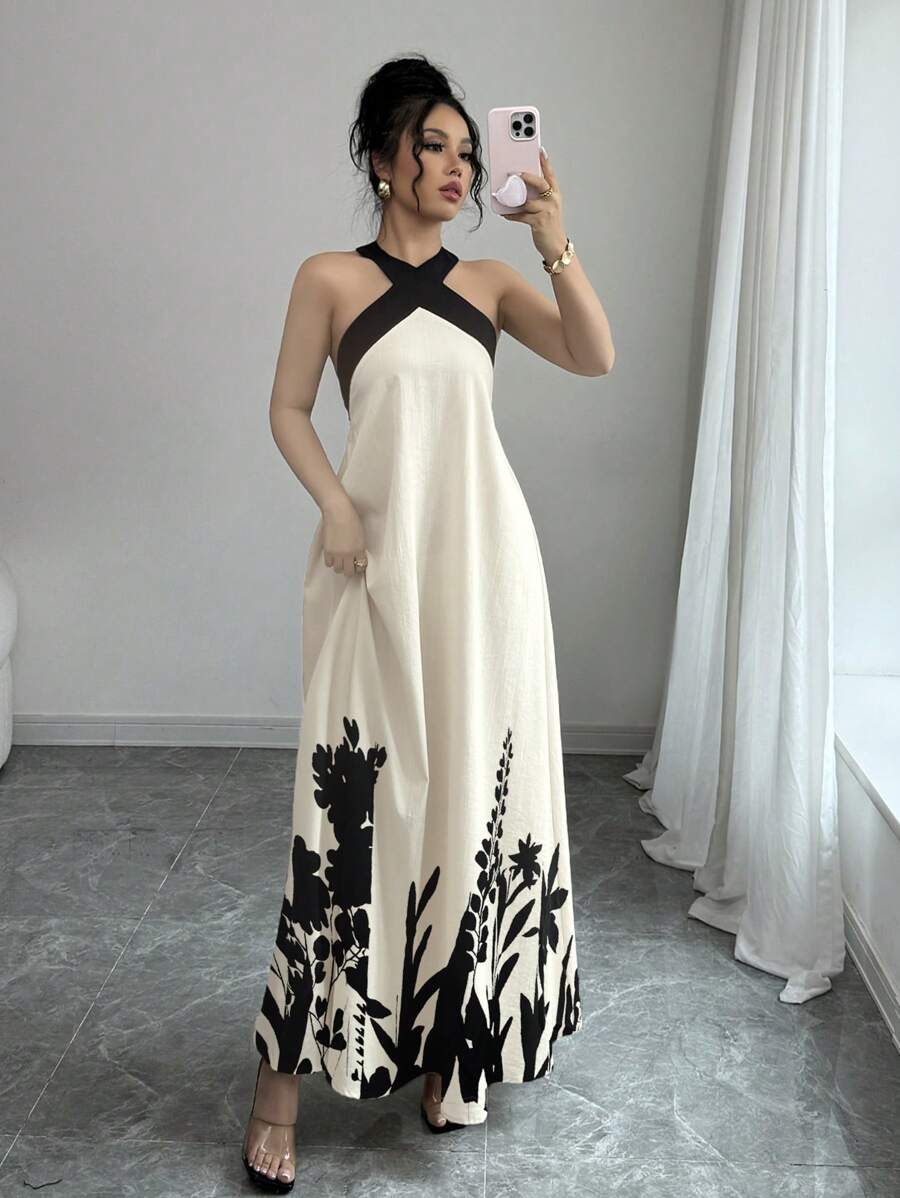 Rafferiza 女式夏季波西米亚风格度假 V 领露背蝴蝶结肩带拼色喇叭下摆纯色印花图案长裙 - 杏色 - 查看 1