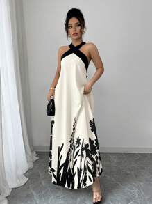 Rafferiza 女式夏季波西米亚风格度假 V 领露背蝴蝶结肩带拼色喇叭下摆纯色印花图案长裙 - 杏色 - 查看 4