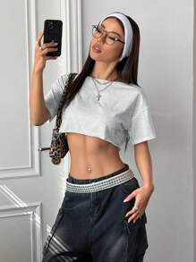 StreetHx Áo thun crop top thời trang Y2K hở vai màu trắng, dáng rộng, rách rưới, phong cách đường phố đa năng, mùa xuân/hè - Màu Xám nhạt - Xem 4