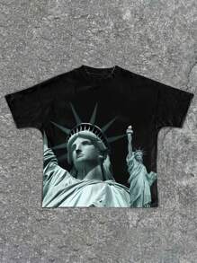 Statue Of Liberty Graphic Short Sleeve Crew Neck T-Shirt, Casual & Minimalist Design, Suitable For Summer - Tween Boys - Multicolor - View 1