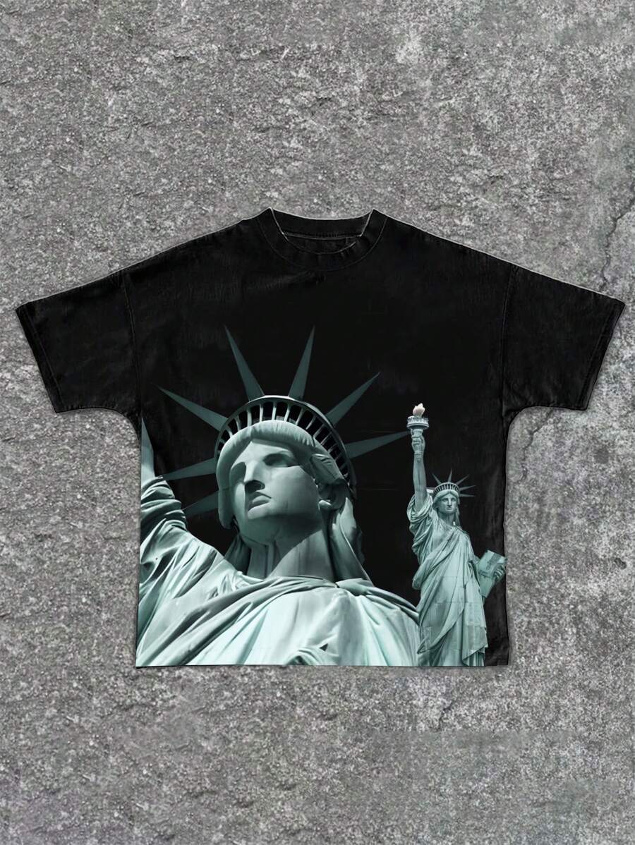 Statue Of Liberty Graphic Short Sleeve Crew Neck T-Shirt, Casual & Minimalist Design, Suitable For Summer - Tween Boys - Multicolor - View 1