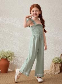 Blossori Young Girls' Countryside Style Ruffle Hem Embroidery Suspender Pants - Green - View 6