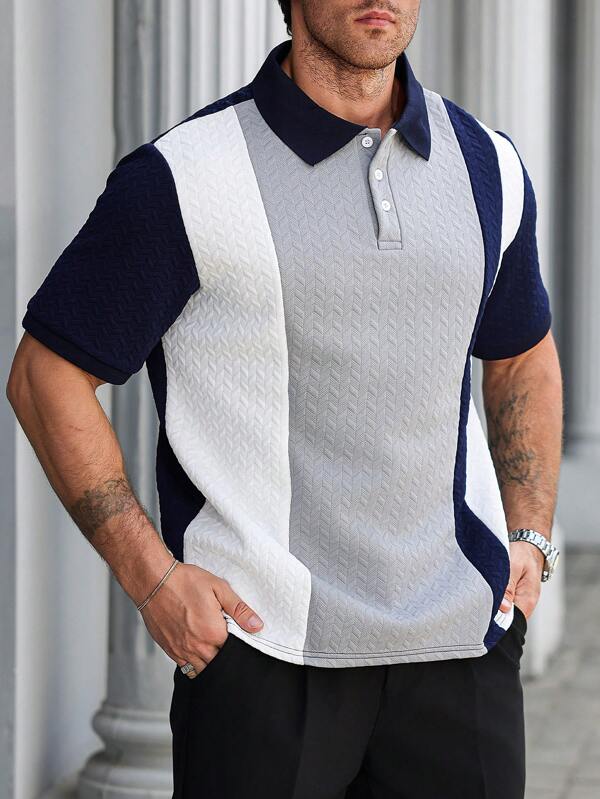 Manfinity CasualCool Plus Size Men's Casual Summer Contrast Texture Button Polo Shirt, Half-Open Collar Short Sleeve