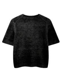 INAWLY Áo len dệt kim cổ tròn tay ngắn màu trơn cho nữ, mùa hè - màu đen - Xem 2