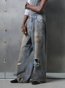 NEON BLANC Jeans de estilo callejero holgados para hombre con estampado de flores de nieve, edición de ropa urbana