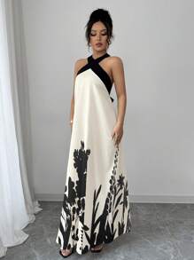 Rafferiza 女式夏季波西米亚风格度假 V 领露背蝴蝶结肩带拼色喇叭下摆纯色印花图案长裙 - 杏色 - 查看 6