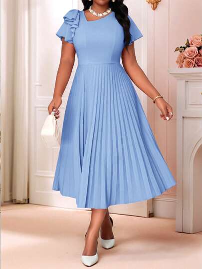 SHEIN Lady Wiosenne i letnie swobodne eleganckie boho dzianinowe okrągłe wycięcie pod szyją rozkloszowane falbaniaste rękawy falbaniaste plisowane midi krótkie rękawy duże rozmiary sukienki