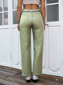 LanaWest Women's Green Washed Denim Faux Pearl Straight Leg Jeans - Army Green - View 2