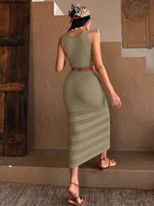 EURMUSE Hollow Out Cover Up Co-Ord Set, Fashionable For Summer - Camel - View 2