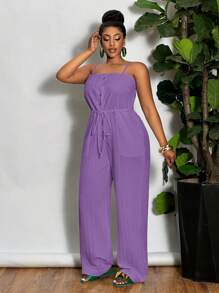 Slaydiva 2024 New All-Match White Casual Minimalist Sexy/Minimalist Style Plus Size Western Wear Women Sleeveless Textured Knit Bodycon Maxi Dress, Suitable For Spring/Summer Purple Jumpsuit Sleeveless Jumpsuit Summer Jumpsuit Casual Jumpsuit Vacation Jumpsuit