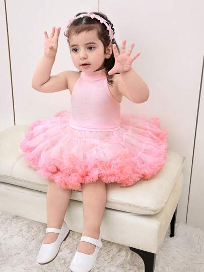 SHEIN 2pcs Baby Girl Bow Decor Sleeveless Top And Mesh Skirt Set, Pink