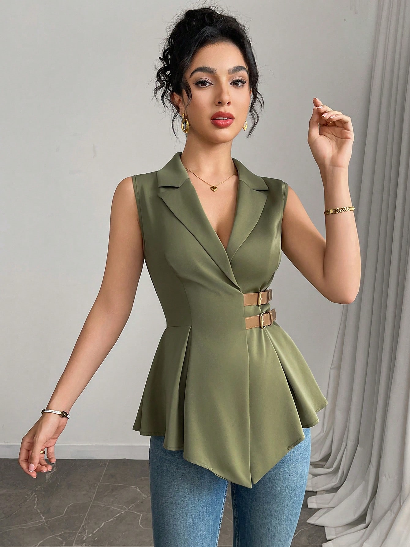 Feyla قميص نسائي ضيق مثبت الخصر بألوان سادة قابل ل...