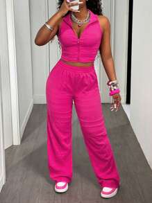 Slaydiva 夏季新款音乐节复活节纳什维尔生日派对毕业学生日常装休闲百搭度假巡航海滩日光浴简约休闲运动前拉链纹理面料女士套装，玫红色 - 玫紅色 - 查看 7