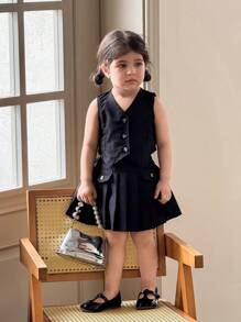 Conjunto de chaleco de un solo pecho de unicolor y falda plisada para niña bebé