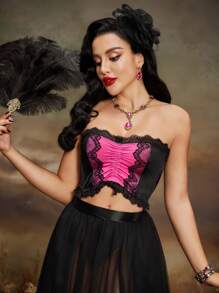 PinupGlam Vintage Palast-Stil romantischer Bondage-Spitzen-Satin-Transparenz-Taillengürtel für Damen, Rot Rose & Schwarz