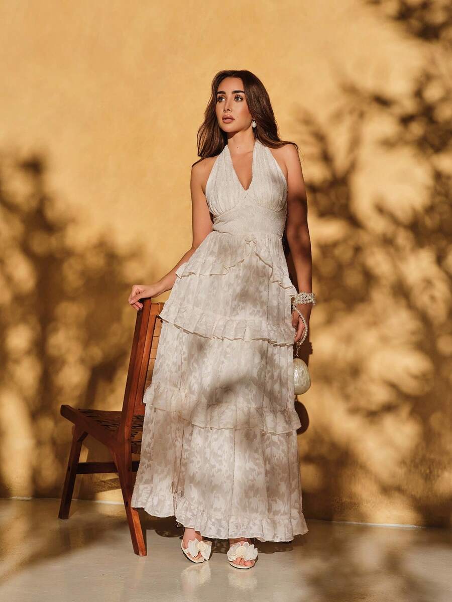 SHEIN X Hannahelzahed SHEIN MOD Apricot Floral Jacquard, Halter Oversized Bow Backless Dress, Dreamy Romantic Elegant With Layered Ruffle Trim, Suitable For Dates, Parties, Holidays, Tea Parties, Birthday Outfit,Summer Outfits For Women,Easter Outfits,Beach Outfits For Woman,Vacation Outfits Women,Summer,Concert Outfit Women,Rave Outfits,Cruise Attire Women,Western Wear Women.Graduation Dresses For Women,Baby Shower Dress,Boho Women Clothing,Festival Outfits For Women - Apricot - View 1