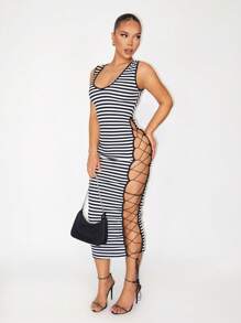Zolique 女式条纹系带无袖紧身迷你连衣裙 - 黑色 - 查看 5