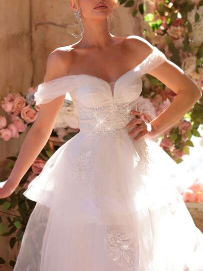 Glamrae Elegant Romantic White V-Neck Off Shoulder Waist Floral Beaded Mesh Tulle A-Line Backless Tie Wedding Dress With Extra Long Train, For Bride