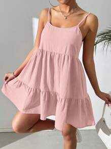 SHEIN EZwear 女士梭织度假宽松吊带娃娃裙，浅粉色 - 藕粉色 - 查看 6