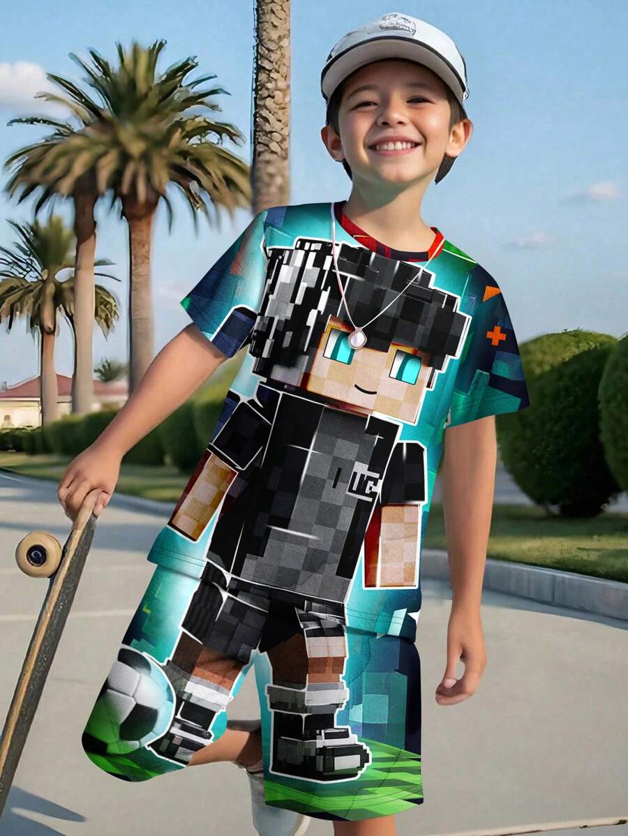 Conjunto de Camiseta de Manga Curta com Gola Careca e Shorts Casuais e Confortáveis para Meninos Pré-Adolescentes, Estilo Minimalista, MC PLAYER, Impressão de Personagem de Desenho Animado de Jogador de Futebol Pixel Clássico, Adequado para Primavera/Verão, Estilo de Rua, Esportes - Multicolorido - Visão 1