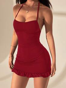 SHEIN PETITE Váy Mini Slip Dress Nữ Có Dây Buộc Phía Trước - Màu Đỏ Sâu - Xem 7