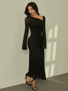 SHEIN PETITE Đầm cổ lệch màu thanh lịch, mùa thu - màu đen - Xem 8