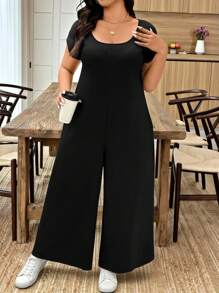 SHEIN LUNE Women's Summer Casual Crew Neck Knitted Short Sleeve Jumpsuit, Black - Black - View 6