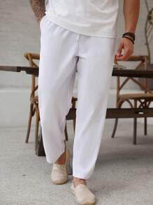 Manfinity Homme Plus Size Men's Casual Multipurpose Drawstring Waist Solid Color Linen Pants, White It Is Great For Couples And Makes An Excellent Gift Idea For Boyfriends Or Husbands, Fall - White - View 7