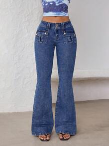 Jeanoix Jeans acampanados de tiro bajo elásticos de mujer, de moda para el verano