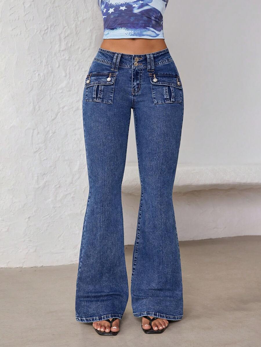 Jeanoix Jeans acampanados de tiro bajo elásticos de mujer, de moda para el verano