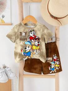 SHEIN 2pcs/Set Baby Boy Casual Cartoon Print Round Neck Short Sleeve T-Shirt And Shorts, Suitable For Summer